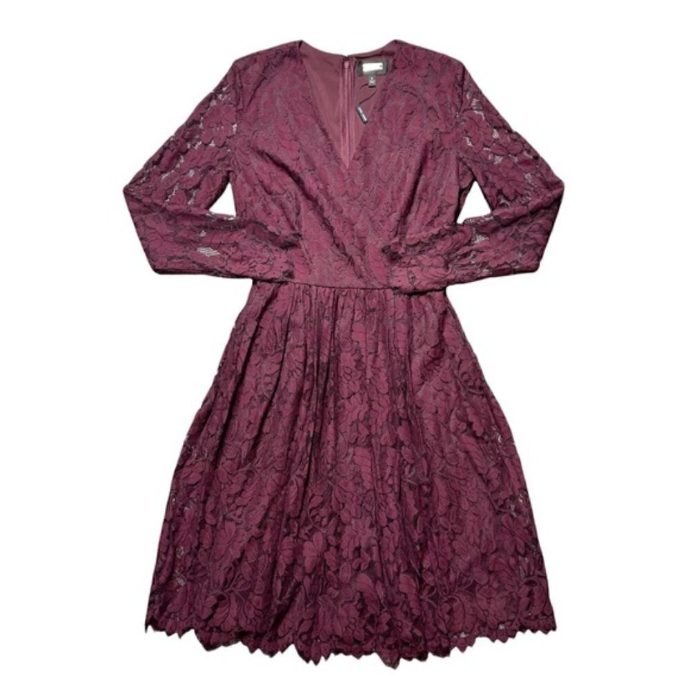 Alexia Admor Maroon Long Sleeve Lace Knee Length Dress S